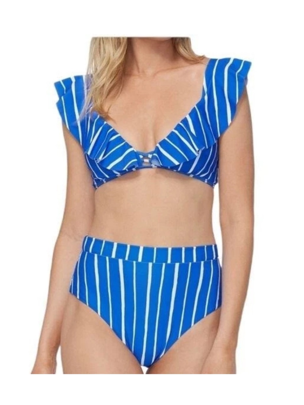 Raisins Blue and White Striped Ruffle High-Waist Bikini